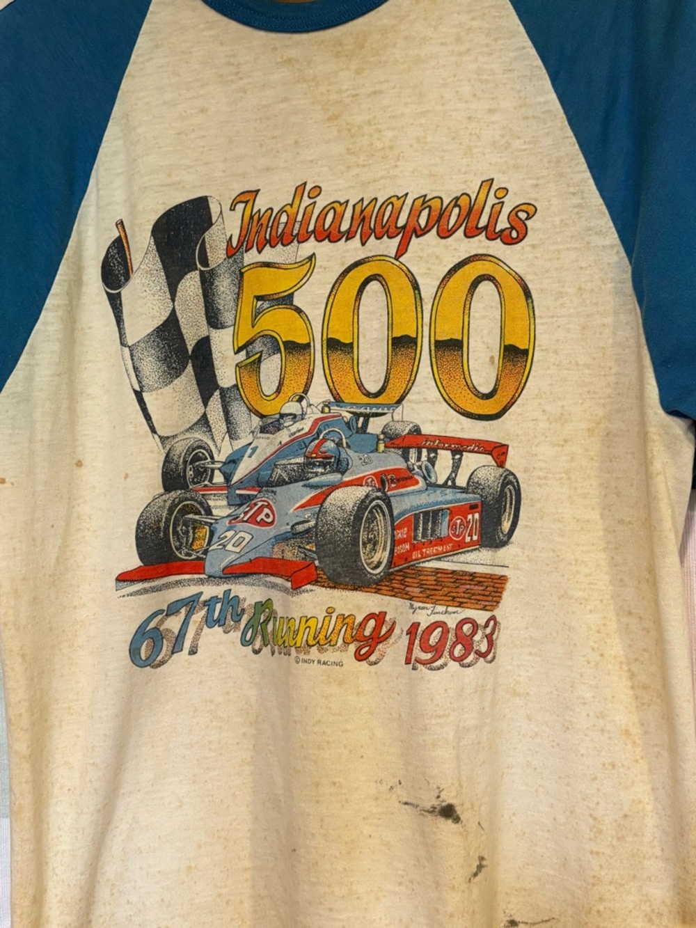 Indianapolis 500 Men's Raglan Tee Cream & Blue Vintage Racing Graphic 1983 RARE - Picture 2 of 10